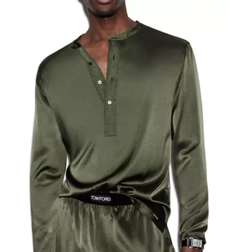 Zijden pyjamashirt met henleykraag 