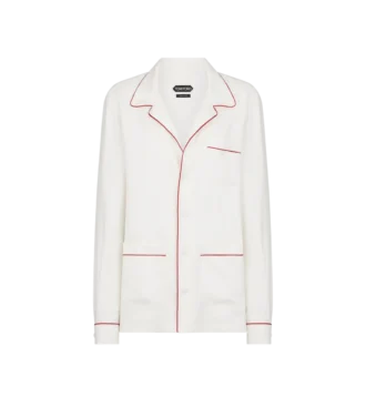 Zijden twill pyjamahemd met biezen en ton sur ton geborduurd TF-logo