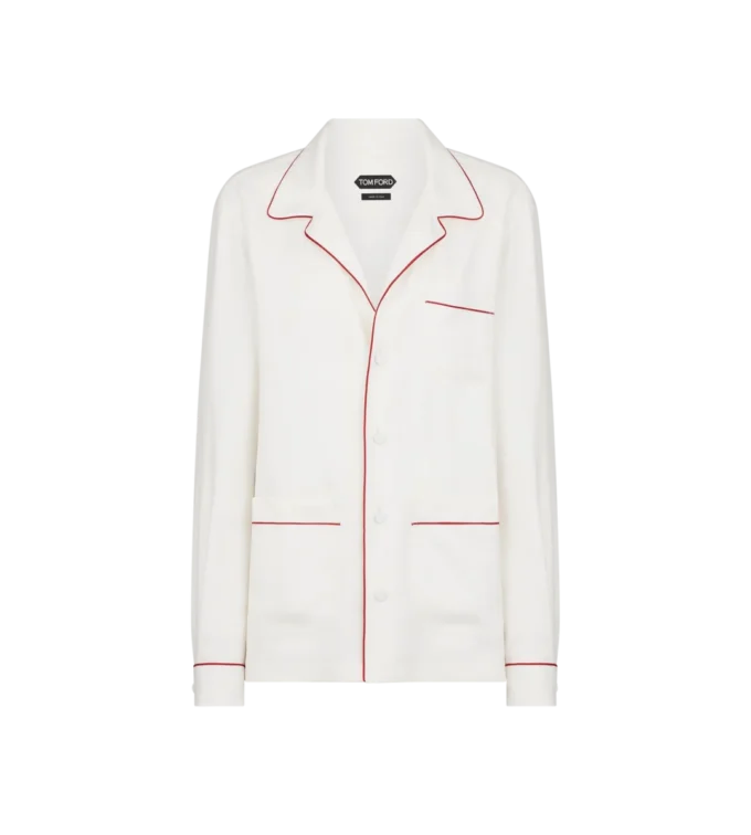 Zijden twill pyjamahemd met biezen en ton sur ton geborduurd TF-logo